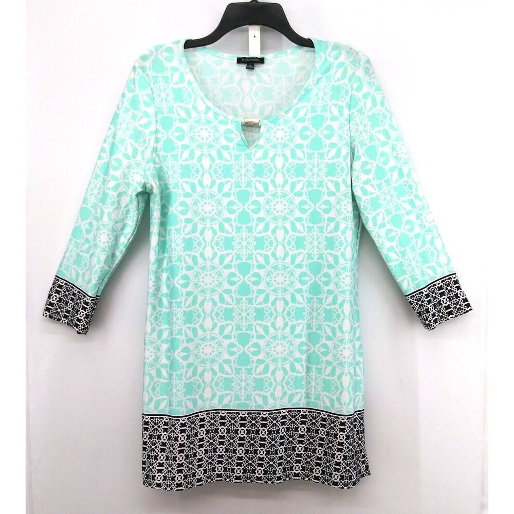 Notations Tunic Dress Women Size M Aqua 3/4 Sleeve Keyhole Neck Casual Beach